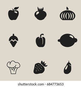Set Of 9 Editable Fruits Icons. Includes Symbols Such As Sweet Pepper, Allium, Gourd And More. Can Be Used For Web, Mobile, UI And Infographic Design.