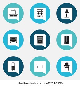 Set Of 9 Editable Furnishings Icons. Includes Symbols Such As Wall Mirror, Cabinet, Locker And More. Can Be Used For Web, Mobile, UI And Infographic Design.