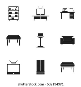 Set Of 9 Editable Furnishings Icons. Includes Symbols Such As Enlightenment, Interior, Wooden Table And More. Can Be Used For Web, Mobile, UI And Infographic Design.