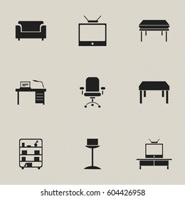 Set Of 9 Editable Furnishings Icons. Includes Symbols Such As Trestle, Television, Couch And More. Can Be Used For Web, Mobile, UI And Infographic Design.