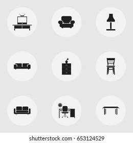 Set Of 9 Editable Furnishings Icons. Includes Symbols Such As Tv, Davenport, Sofa And More. Can Be Used For Web, Mobile, UI And Infographic Design.