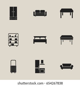 Set Of 9 Editable Furnishings Icons. Includes Symbols Such As Cuisine, Wooden Table, Bookshelf And More. Can Be Used For Web, Mobile, UI And Infographic Design.