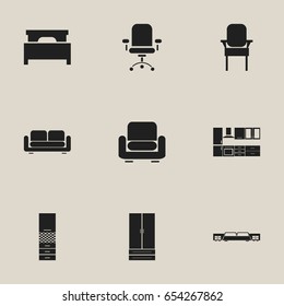 Set Of 9 Editable Furnishings Icons. Includes Symbols Such As Cupboard, Stool, Mattress And More. Can Be Used For Web, Mobile, UI And Infographic Design.