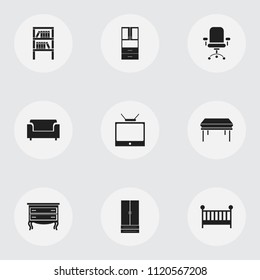 Set of 9 editable furniture icons. Includes symbols such as drawer chest, canape, tv and more. Can be used for web, mobile, UI and infographic design.