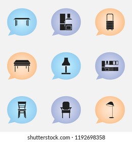 Set of 9 editable furniture icons. Includes symbols such as wooden table, kitchen furniture, luster and more. Can be used for web, mobile, UI and infographic design.