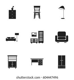 Set Of 9 Editable Furniture Icons. Includes Symbols Such As Lamp, Cabinet, Armhair And More. Can Be Used For Web, Mobile, UI And Infographic Design.