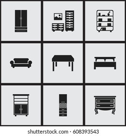 Set Of 9 Editable Furniture Icons. Includes Symbols Such As Wooden Table, Material Cupboard, Canape And More. Can Be Used For Web, Mobile, UI And Infographic Design.
