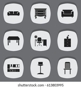 Set Of 9 Editable Furniture Icons. Includes Symbols Such As Seat, Commode, Cooking Furnishings And More. Can Be Used For Web, Mobile, UI And Infographic Design.