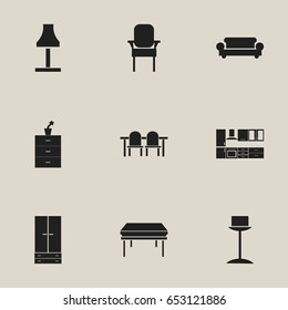 Set Of 9 Editable Furniture Icons. Includes Symbols Such As Glim, Cabinet, Stool And More. Can Be Used For Web, Mobile, UI And Infographic Design.