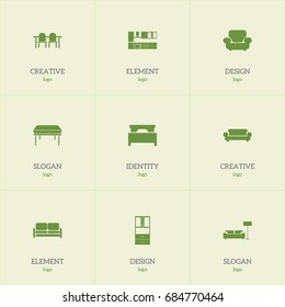 Set Of 9 Editable Furniture Icons. Includes Symbols Such As Trestle, Wardrobe, Settee And More. Can Be Used For Web, Mobile, UI And Infographic Design.