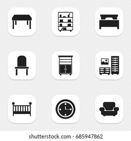 Set Of 9 Editable Furniture Icons. Includes Symbols Such As Lectern, Bookshelf, Cabinet And More. Can Be Used For Web, Mobile, UI And Infographic Design.