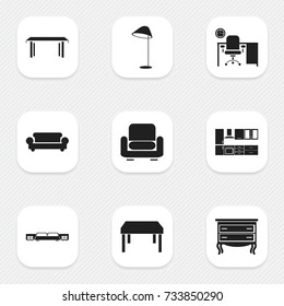 Set Of 9 Editable Furniture Icons. Includes Symbols Such As Cooking Furnishings, Trestle, Office And More. Can Be Used For Web, Mobile, UI And Infographic Design.