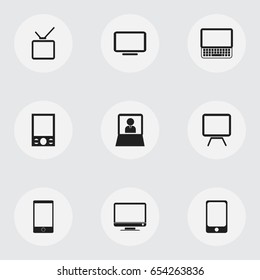 Set Of 9 Editable Gadget Icons. Includes Symbols Such As Telly, Music Phone, Television And More. Can Be Used For Web, Mobile, UI And Infographic Design.