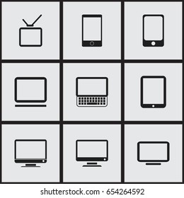 Set Of 9 Editable Gadget Icons. Includes Symbols Such As Tablet Phone, Telephone, Smartphone And More. Can Be Used For Web, Mobile, UI And Infographic Design.
