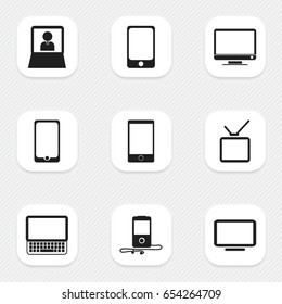 Set Of 9 Editable Gadget Icons. Includes Symbols Such As Smartphone, Monitor, Mp3 Player And More. Can Be Used For Web, Mobile, UI And Infographic Design.