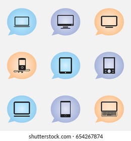 Set Of 9 Editable Gadget Icons. Includes Symbols Such As Music Phone, Mp3 Player, Tablet Phone And More. Can Be Used For Web, Mobile, UI And Infographic Design.