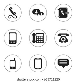 Set Of 9 Editable Gadget Icons. Includes Symbols Such As Chatting, Address Notebook, Retro Telecommunication And More. Can Be Used For Web, Mobile, UI And Infographic Design.