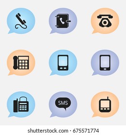 Set Of 9 Editable Gadget Icons. Includes Symbols Such As Retro Telecommunication, Office Telephone, Smartphone And More. Can Be Used For Web, Mobile, UI And Infographic Design.