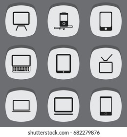 Set Of 9 Editable Gadget Icons. Includes Symbols Such As Notebook, Mp3 Player, Tablet Phone And More. Can Be Used For Web, Mobile, UI And Infographic Design.