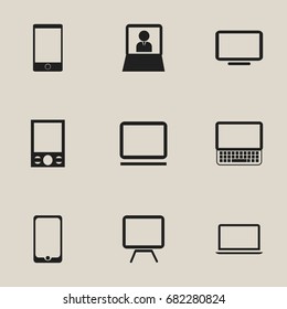 Set Of 9 Editable Gadget Icons. Includes Symbols Such As Laptop, Computer, Touchscreen And More. Can Be Used For Web, Mobile, UI And Infographic Design.