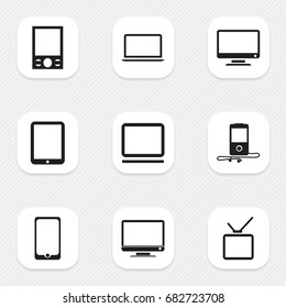 Set Of 9 Editable Gadget Icons. Includes Symbols Such As Telly, Mp3 Player, Tablet Phone And More. Can Be Used For Web, Mobile, UI And Infographic Design.