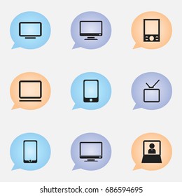 Set Of 9 Editable Gadget Icons. Includes Symbols Such As Laptop, Music Phone, Telly And More. Can Be Used For Web, Mobile, UI And Infographic Design.