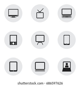 Set Of 9 Editable Gadget Icons. Includes Symbols Such As Computer, Touchscreen, Tv And More. Can Be Used For Web, Mobile, UI And Infographic Design.