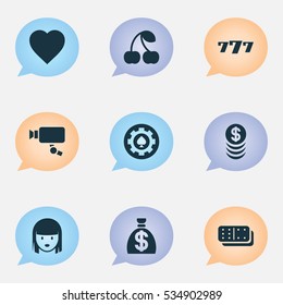 Set Of 9 Editable Gambling Icons. Includes Symbols Such As Lucky Seven, Moneybag, Bones Game And More. Can Be Used For Web, Mobile, UI And Infographic Design.