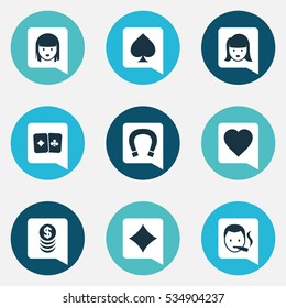 Set Of 9 Editable Gambling Icons. Includes Symbols Such As Smoker, Rhombus, Female Face And More. Can Be Used For Web, Mobile, UI And Infographic Design.