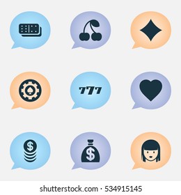 Set Of 9 Editable Gambling Icons. Includes Symbols Such As Bones Game, Lucky Seven, Stacked Money And More. Can Be Used For Web, Mobile, UI And Infographic Design.