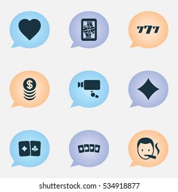 Set Of 9 Editable Gambling Icons. Includes Symbols Such As Blackjack, Love, Stacked Money And More. Can Be Used For Web, Mobile, UI And Infographic Design.