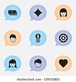 Set Of 9 Editable Gambling Icons. Includes Symbols Such As Bones Game, Woman Face, Black Heart And More. Can Be Used For Web, Mobile, UI And Infographic Design.