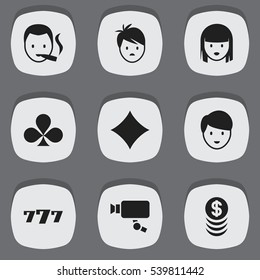 Set Of 9 Editable Gambling Icons. Includes Symbols Such As Lucky Seven, Smoker, Casino Worker And More. Can Be Used For Web, Mobile, UI And Infographic Design.