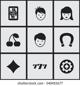 Set Of 9 Editable Gambling Icons. Includes Symbols Such As Rhombus, Boy, Woman Face And More. Can Be Used For Web, Mobile, UI And Infographic Design.