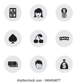 Set Of 9 Editable Gambling Icons. Includes Symbols Such As Moneybag, Blackjack, Berry; And More. Can Be Used For Web, Mobile, UI And Infographic Design.