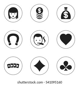 Set Of 9 Editable Gambling Icons. Includes Symbols Such As Luck Charm, Female Face, Shamrock And More. Can Be Used For Web, Mobile, UI And Infographic Design.