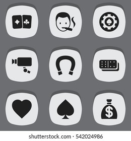 Set Of 9 Editable Gambling Icons. Includes Symbols Such As Bones Game, Love, Game Card And More. Can Be Used For Web, Mobile, UI And Infographic Design.