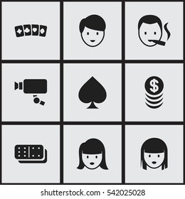 Set Of 9 Editable Gambling Icons. Includes Symbols Such As Card Suits, Bones Game, Tracking Cam And More. Can Be Used For Web, Mobile, UI And Infographic Design.