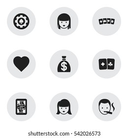 Set Of 9 Editable Gambling Icons. Includes Symbols Such As Card Pair, Black Heart, Love And More. Can Be Used For Web, Mobile, UI And Infographic Design.