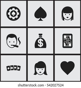Set Of 9 Editable Gambling Icons. Includes Symbols Such As Blackjack, Game Card, Smoker And More. Can Be Used For Web, Mobile, UI And Infographic Design.