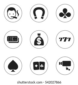 Set Of 9 Editable Gambling Icons. Includes Symbols Such As Game Card, Bones Game, Lucky Seven And More. Can Be Used For Web, Mobile, UI And Infographic Design.