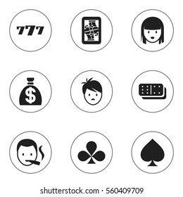 Set Of 9 Editable Gambling Icons. Includes Symbols Such As Shamrock, Blackjack, Game Card And More. Can Be Used For Web, Mobile, UI And Infographic Design.