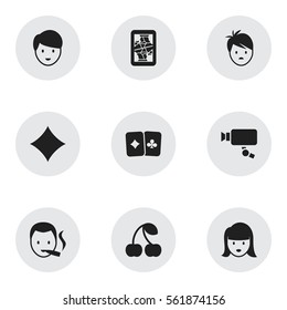 Set Of 9 Editable Gambling Icons. Includes Symbols Such As Woman Face, Rhombus, Casino Worker And More. Can Be Used For Web, Mobile, UI And Infographic Design.