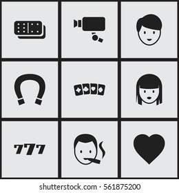 Set Of 9 Editable Gambling Icons. Includes Symbols Such As Luck Charm, Casino Worker, Tracking Cam And More. Can Be Used For Web, Mobile, UI And Infographic Design.