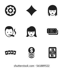 Set Of 9 Editable Gambling Icons. Includes Symbols Such As Blackjack, Woman Face, Black Heart And More. Can Be Used For Web, Mobile, UI And Infographic Design.
