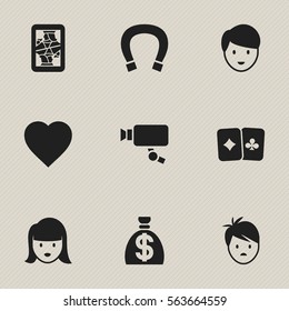 Set Of 9 Editable Gambling Icons. Includes Symbols Such As Boy, Card Pair, Blackjack And More. Can Be Used For Web, Mobile, UI And Infographic Design.