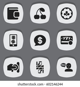 Set Of 9 Editable Gambling Icons. Includes Symbols Such As Mobile Playing, Thinking Man, King And More. Can Be Used For Web, Mobile, UI And Infographic Design.