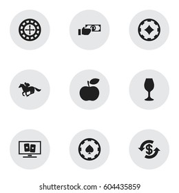 Set Of 9 Editable Gambling Icons. Includes Symbols Such As Dollar, Ace Of Diamonds, Apple And More. Can Be Used For Web, Mobile, UI And Infographic Design.