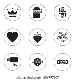 Set Of 9 Editable Gambling Icons. Includes Symbols Such As Tracking Cam, Coronet, Strawberry And More. Can Be Used For Web, Mobile, UI And Infographic Design.