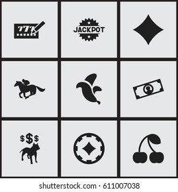 Set Of 9 Editable Gambling Icons. Includes Symbols Such As Jungle Fruit, Dog Fighting Bet, Ace Of Diamonds And More. Can Be Used For Web, Mobile, UI And Infographic Design.